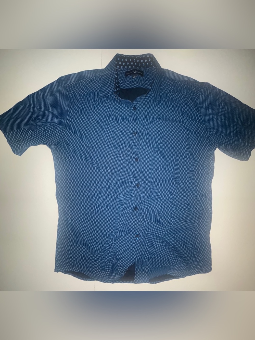 Women Beverly Hills Polo Club Short-Sleeve Blue Patterned Button-Up Shirt Large